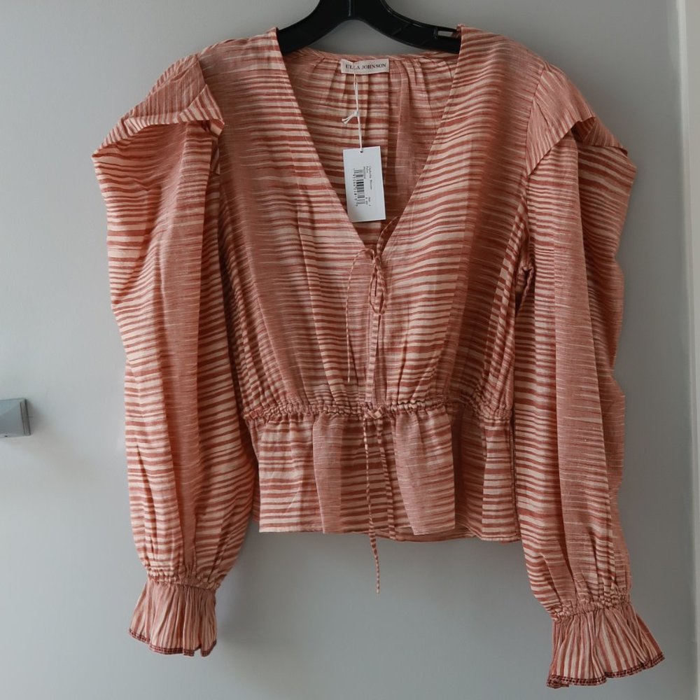 Ulla Johnson Ophelia striped cotton-voile peplum Blouse in Fawn beige Size 4 NWT - Picture 6 of 8